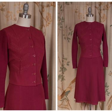 1930s Knit Set - The Galana Suit - Late 30s Wool and Wool Knit Burgundy Skirt Suit with Trapunto Details 