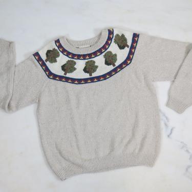 Vintage 1980s scenic cotton ramie pullover sweater. apple trees, fair isle, cabincore, size medium, large 
