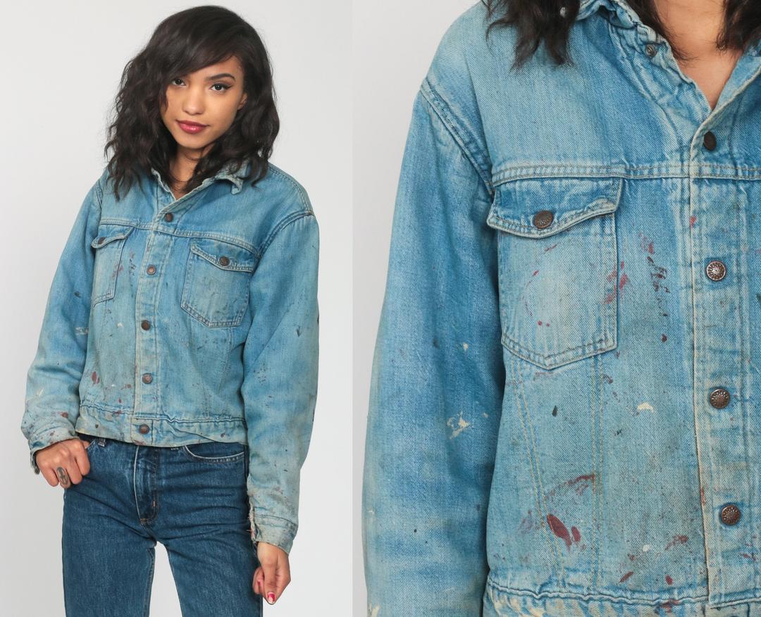 Distressed Denim Jacket 80s Paint Splatter Jean Jacket Blue Trucker