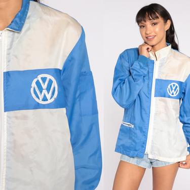 Vintage Volkswagen Jacket 80s Cafe Racer Jacket Color Block Blue White Jacket Car Moto Windbreaker 1980s Sports Medium Large 