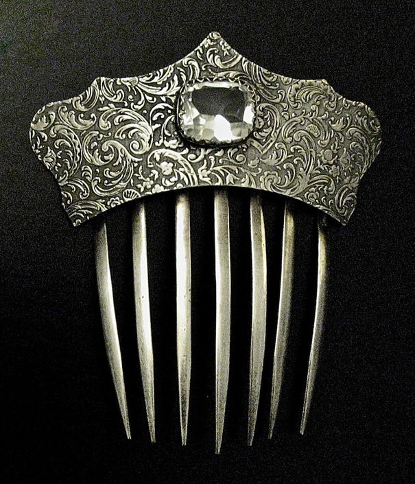 Victorian Embossed Silver Hair Comb Emerald Faceted Quartz