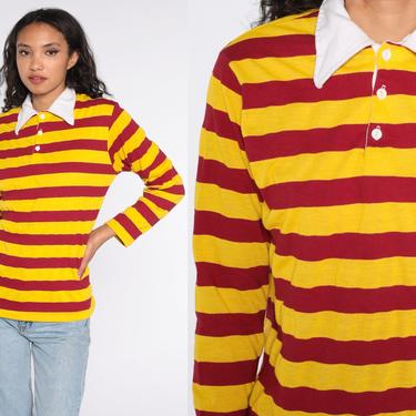 Striped Polo Shirt Yellow Red Long Sleeve Polo Shirt 80s Shirt Blue Half Button Up Collared 1980s Retro Vintage Medium 