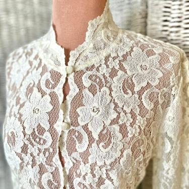 Vintage Lace Top, Sheer, Cut Out, High Collar, Button Front, Ribkoff, 90s Blouse 