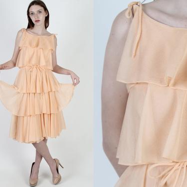 Sorbet Color Babydoll Mini Dress / Solid Shoulder Tie Disco Dress / Vintage 70s Layered Womens Dancing Dress 