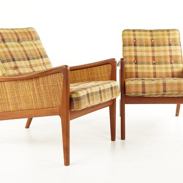 Peter Hvidt and Orla Mølgaard Nielsen Mid Century Teak and Rattan Lounge Chairs - Pair - mcm 