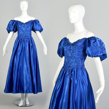 Large 1980s Mike Benet Formals Blue Off-Shoulder Puff Sleeve Ribbon Prom Dress 