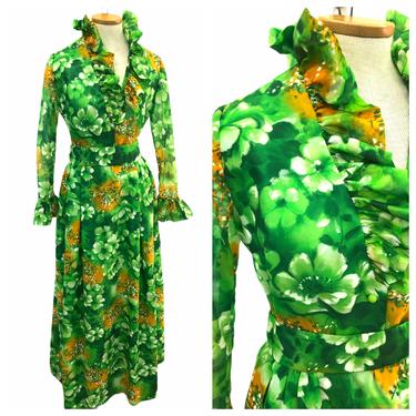 Vintage VTG 1970s 70s Green Floral Ruffle Long Sleeve Top Maxi Skirt Two Piece Set 