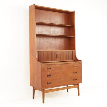 Povl Dinesen Mid Century Teak Tambour Door Secretary Bookcase Cabinet with Drawers - mcm 