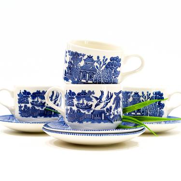VINTAGE: 4 Sets - Churchill China England Blue Willow Cup & Saucer - Made in England - SKU 22 23-C-00015598 