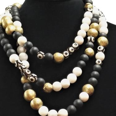 Black Onyx and White Quartz Necklace - Three Strand Black White and Gold Beaded Statement Necklace 