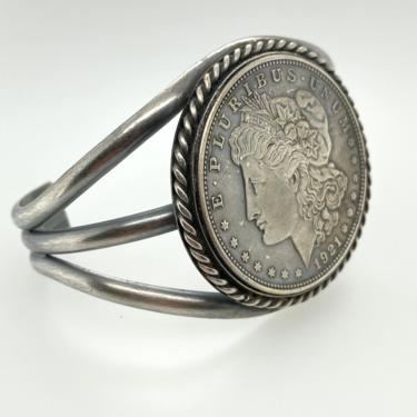 Vintage 1921 Lady Liberty Coin Sterling Silver Cuff Bracelet Taos Pueblo Marked FT 