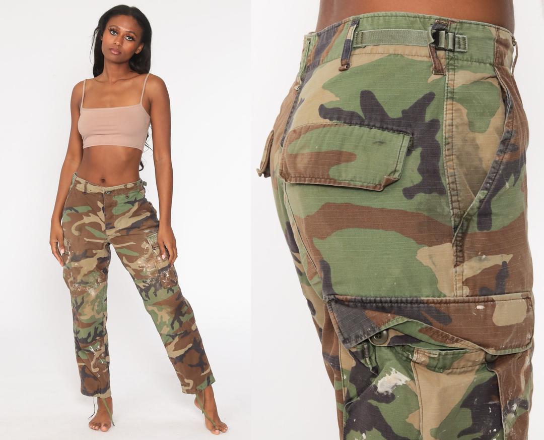 Vintage 90s Camo Army Pants (S/M) - Hi-Rise Cotton Military Cargo Pants