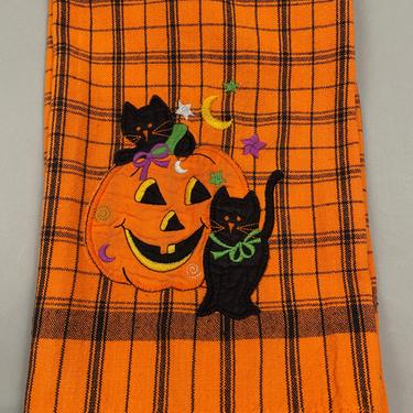 Vintage Halloween Tea Towel Black Cats and Pumpkin Jack O' Lantern 