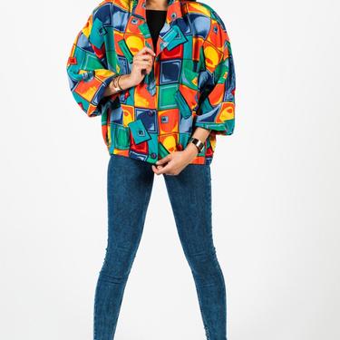 Vintage 90s Silk Multi-Color Geometric Jacket Sz XL 