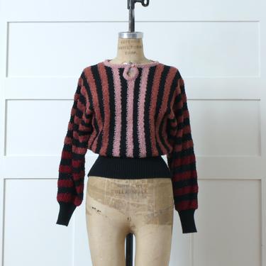 vintage late 1970s dolman sleeve sweater • textured pullover in black & pink stripes 
