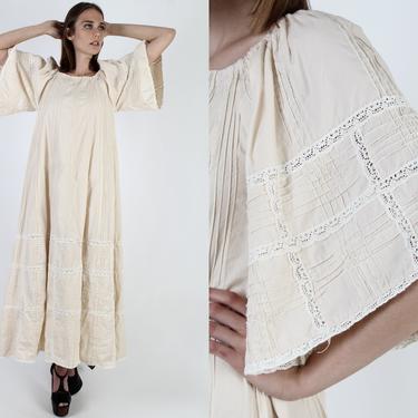 Traditional Ivory Mexican Wedding Maxi Dress Large Pintuck Bell Sleeves American Archive San Diego CA