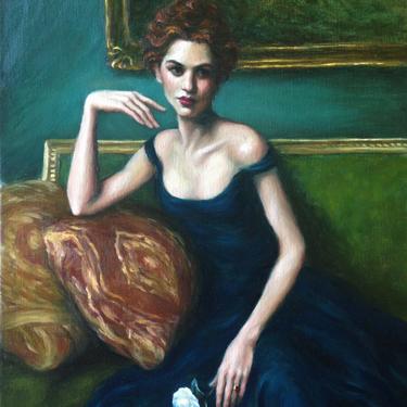 Female Figurative, Large Art Print from Original Oil Painting by Pat Kelley. Portrait of Woman in Blue Dress, Fashion Art, Giclée, 16x12 