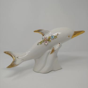 Vintage Capodimonte Italian White Porcelain Dolphin Vase - Large 16&amp;quot; White Gold Dolphin Vase 