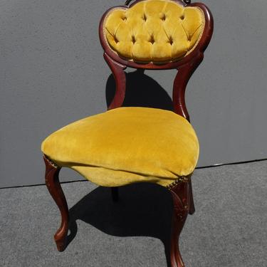 Vintage French Provincial Carved Wood Tufted Yellow Velvet Accent Chair 