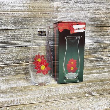 NIB 1980s Vintage Christmas Bouquet Vase, Hand Painted Poinsettias, Pasabahce Quality Glass, Christmas Flowers, Vintage Holiday Home Decor 