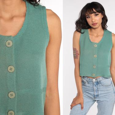 Jade Green Knit Top 90s Crop Top Button Up Tank Top Sleeveless Shirt Boho Blouse 1990s Hippie Shirt Bohemian Knit Small Medium 