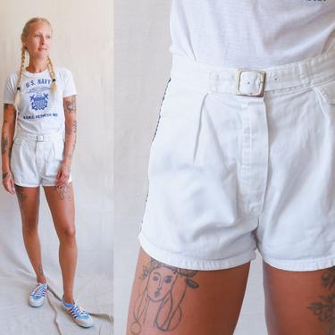 Vintage 50s Cotton Athletic Shorts/ 1950s High Waisted White Buckle Uniform Shorts/ Size 28 29 