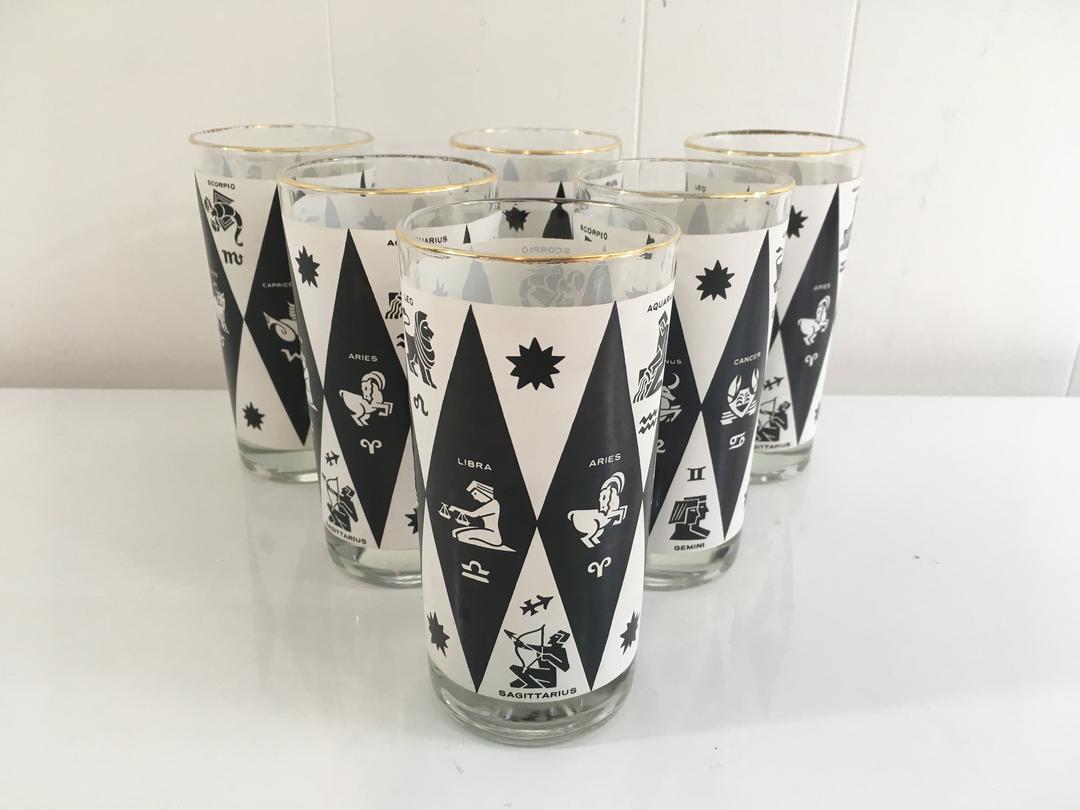 Vintage Zodiac Glasses Set of Six (6) Astrology Glass Black and Check