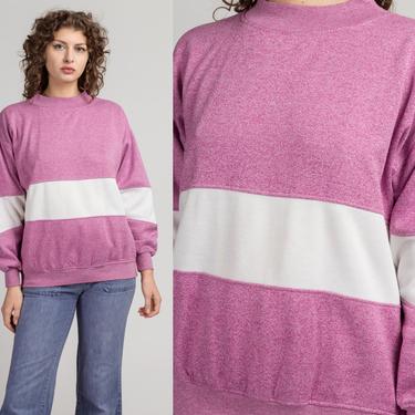 80s Pink & White Striped Sweatshirt - Men's Medium | Vintage Mock Neck Color Block Pullover 