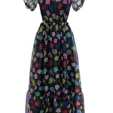 Staud - Black & Multicolor Floral Print Open Back Puff Sleeve Maxi Dress Sz L
