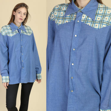 70s Blue Western Pearl Snap Shirt Jacket - Men's Large – Flying Apple  Vintage