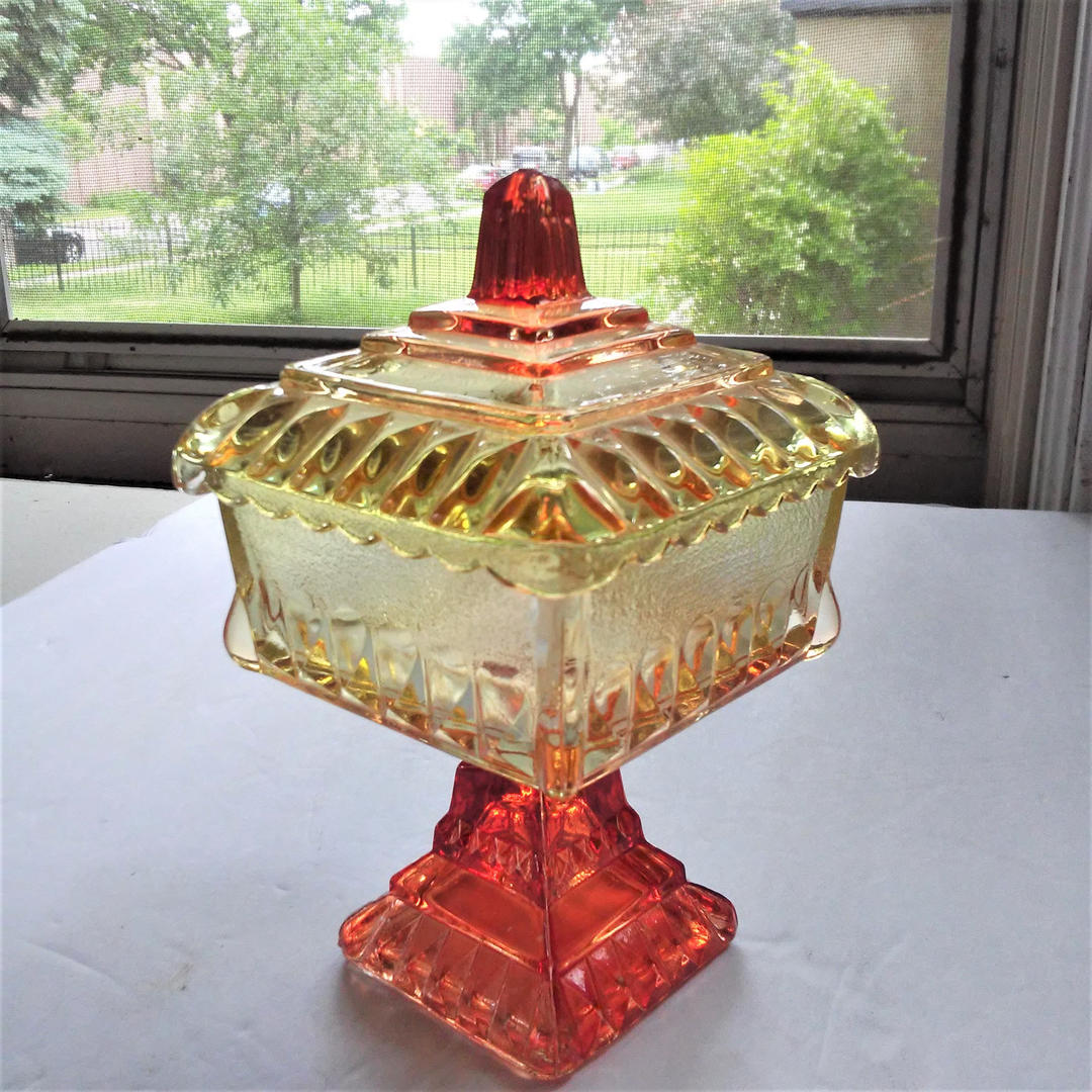 VINTAGE Orange Glass Candy Dish, Lidded Glass Dish, Orange to 3 Girls Antiques Minneapolis, MN