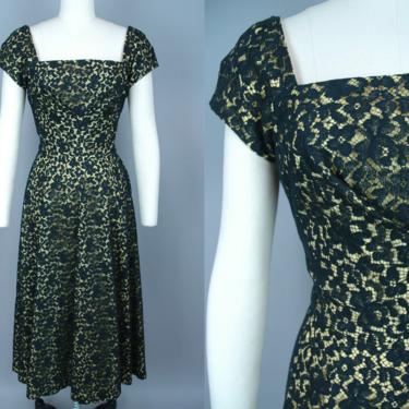 1950s Lace Overlay Dress | Vintage 50s Yellow &amp; Black Dress | small 