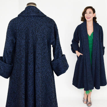 50s Navy Wool Tweed Swing Coat | Navy Winter Swing Coat | Conrad &amp; Chandler | XLarge 