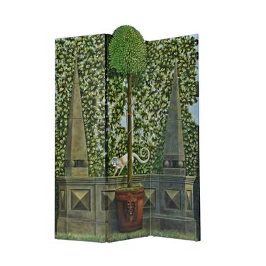 Hollywood Regency Botanical Hand Painted Maitland Smith Screen Room Divider with Monkey 