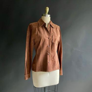 Vintage Brown Suede Button Down Blouse Shirt, Size 4 Ann Taylor 