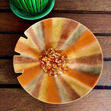 Vintage Enamel Glass on Copper, Orange Sunburst Stripe Ashtray, Jewelry Low Bowl, Key Holder - Halloween Fall Autumn, Mid Century Modern 
