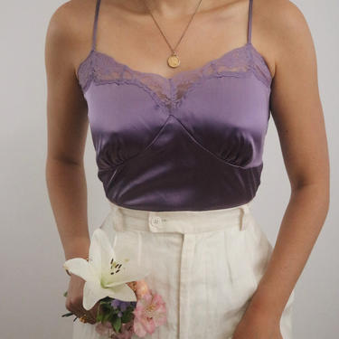 Vintage Silk Camisole - Lace + Liquid Charmeuse Silk Orchid Purple Camisole Lingerie Top - Adjustable Straps - S/M 