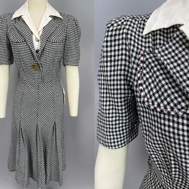 1940s GINGHAM Day Dress with Peaked Shoulders | Vintage 40s Black &amp; White Wool Dress with Red and Brass Accents | small 