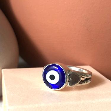 Blue Evil Eye Ring in Heavy Sterling Silver Setting with Hearts 