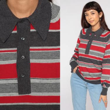70s Striped Sweater 70s Polo Knit Retro Red Grey Stripe Print Slouchy Freaks and Geeks 1970s Vintage Pullover Jumper Button Up Men's Large 