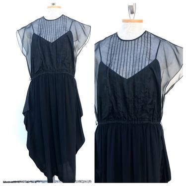 Vintage VTG 1970s 70s Pierre Cardin Black Silk Sheer Overlay Midi Dress 