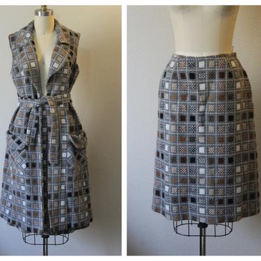 Vintage 1960s Mr. Z San Francisco Checkered Skirt and long duster jacket coat Dress set  // Modern Size US 2 4 6 Small 