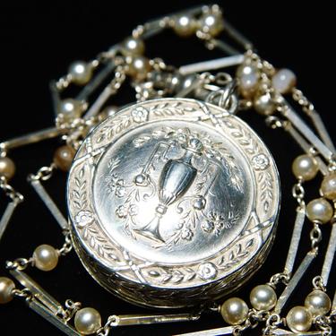 Antique French Repousse Silver Snuff Box/Locket Pendant Necklace, Floral &amp; Wreath Design, Pearl Station Watch Fob Chain W/ Dog Clip, 29&amp;quot; L 