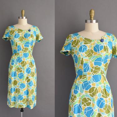 1950s vintage dress | Classic Polished Cotton Abstract Print Short Sleeve Wiggle Dress | Small | 50s dress 