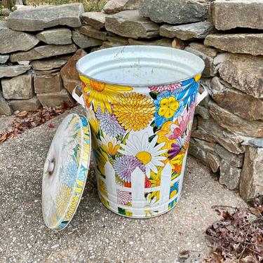 Vintage 1980s Flower Power Trash Can Art Studio Garage Kitchen Pantry Metal Printed Floral Pattern Lidded 