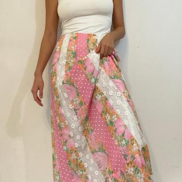 70s gauzy cotton maxi skirt / vintage floral polkadot cotton print patchwork quilt boho hostess long maxi skirt | S M L 