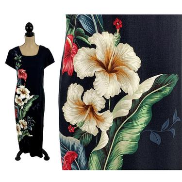 90s Short Sleeve Black Floral Maxi Dress Medium, Long Hawaiian Tropical Rayon Print, 1990s Clothes Women, Vintage Clothing made in the USA 