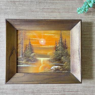 Vintage Art - Sunset Lake Scene - Pine Trees - Orange Yellow - Framed Sunset Art - Canvas Art - Wood Frame 