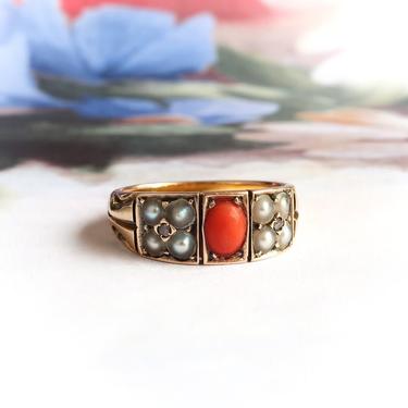 Antique Victorian Coral, Pearl & Rose Cut Diamond Ring Solid 15k Yellow Gold 