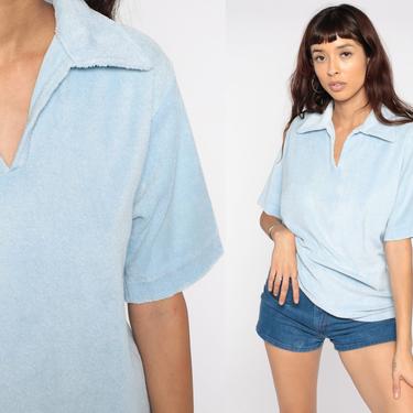 70s Terry Cloth Shirt Baby Blue Shirt Short Sleeve Shirt Shirt 1970s Pastel Dagger Collar Shirt Polo Shirt Retro Tee Vintage Small Medium 